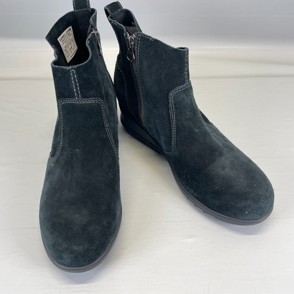 SOREL Evie Wedge Ankle Boots Womens Size 10 Black Suede Zip Up Casual Shoes - Picture 2 of 10